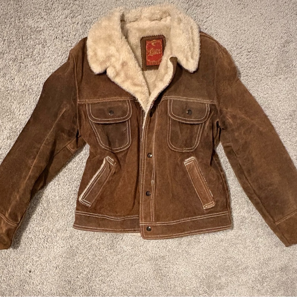 Brown Suede Jacket with Cream Collar